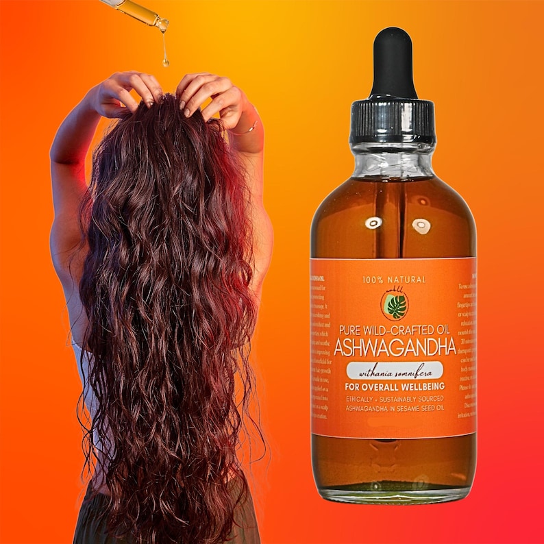 Aceite de masaje de ashwagandha • Infusión ayurvédica totalmente natural • Raíz de ashwagandha de recolección silvestre de primera calidad en aceite de semilla de sésamo • Botella de vidrio de 2 oz / 4 oz imagen 1