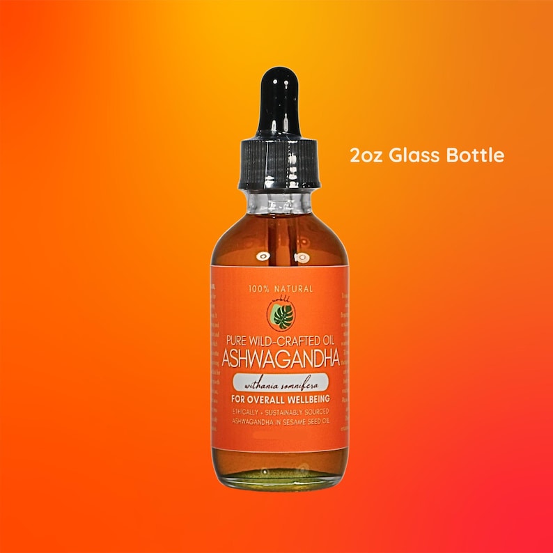 Aceite de masaje de ashwagandha • Infusión ayurvédica totalmente natural • Raíz de ashwagandha de recolección silvestre de primera calidad en aceite de semilla de sésamo • Botella de vidrio de 2 oz / 4 oz 2oz Glass Jar