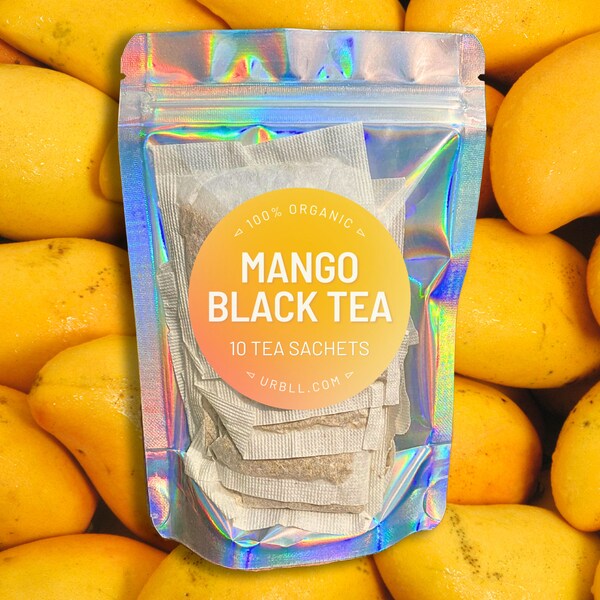 Mango Black Tea Sachets • 10 Sachets per Bag • All Organic, Vegan, No additives or pesticides, Ethically and Sustainably Sourced