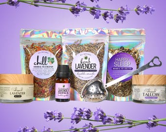 Lavender Gift Set • All-Natural Self Care & Herbal Tea Gift Box • Botanical Body Care • Relaxation Gift • Spa Gift Set