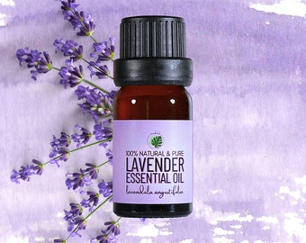 May include: A small brown glass bottle with a black lid containing lavender essential oil. The label reads "100% Natural & Pure Lavender Essential Oil lavandula angustifolia". The bottle is surrounded by purple lavender flowers on a light purple watercolor background.