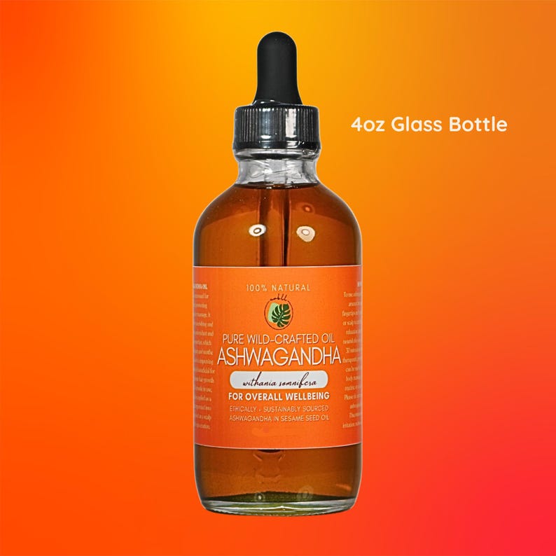 Aceite de masaje de ashwagandha • Infusión ayurvédica totalmente natural • Raíz de ashwagandha de recolección silvestre de primera calidad en aceite de semilla de sésamo • Botella de vidrio de 2 oz / 4 oz 4oz Glass Jar