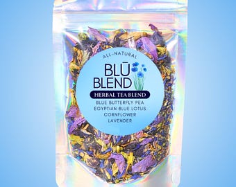 Chá de ervas Blue Blend • Chá naturalmente azul • Lótus azul egípcio • Ervilha-borboleta azul • Pétalas de centáurea • Botões de lavanda • Ritual cerimonial