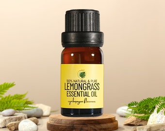 May include: A small amber glass bottle with a black lid, containing lemongrass essential oil. The bottle is labeled "100% Natural & Pure Lemongrass Essential Oil cymbopogon flexuosus".