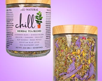 Chill Tea in Glass Jar • Premium Herbal Tea Blend • Egyptian Blue Lotus + 8 All-Natural Herbs • ~30 Servings Caffeine-Free Tea