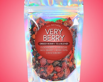 Very Berry • All-Natural Super-Berry Tea • Elderberry • Chasteberry • Rose Hips • Goji Berry • Hibiscus • Zero Additives or Fillers • Vegan
