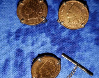 Indian Head Penny Cufflinks and Tie Pin - Swank