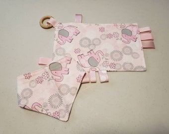 Handmade Baby Bandana Bib & Taggie Set Pink Elephant
