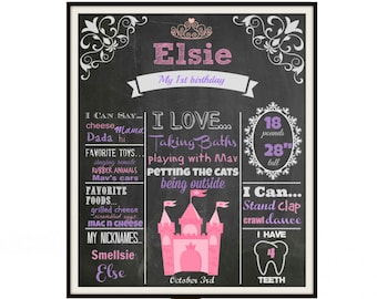 Meisjes eerste verjaardag schoolbord, prinses 1e verjaardag teken, prinses partij decoraties, prinses verjaardagsfeestje, verjaardag mijlpaal poster
