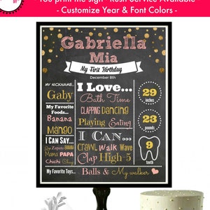 1st Birthday Chalkboard Sign, Pink and Gold First Birthday, Baby Milestone Board, Girls First Birthday Chalkboard, 1st Birthday Poster, JPG