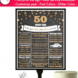 May include: A black chalkboard style printable sign with gold glitter accents celebrating a 50th birthday. The sign includes the year 1968, the name Mary, and a list of historical events and pop culture highlights from that year.