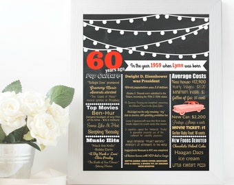 May include: A black and white printable sign with a chalkboard background and white string lights. The sign says "60 years ago in the year 1959 when Lynn was born". The sign also includes information about pop culture, average costs, and historical events from 1959.