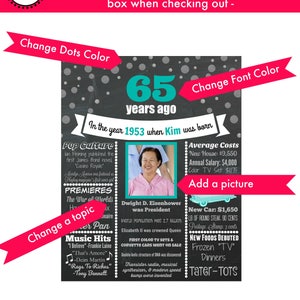 May include: A black and white printable chalkboard style poster celebrating a 65th birthday. The poster features a photo of a woman, the year 1953, and a list of events that happened that year. The poster is customizable with a choice of font color and a picture.