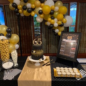 May include: A festive scene with a black and gold cake topped with a "65" and a sign that reads "65 years ago". Balloons in gold, black, and white decorate the background. A table is set with treats.