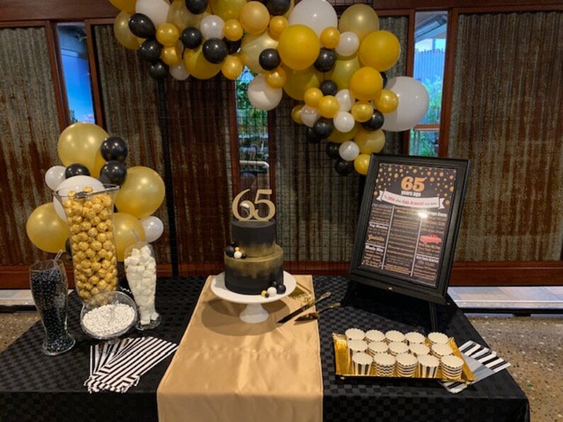 May include: A festive scene with a black and gold cake topped with a "65" and a sign that reads "65 years ago". Balloons in gold, black, and white decorate the background. A table is set with treats.