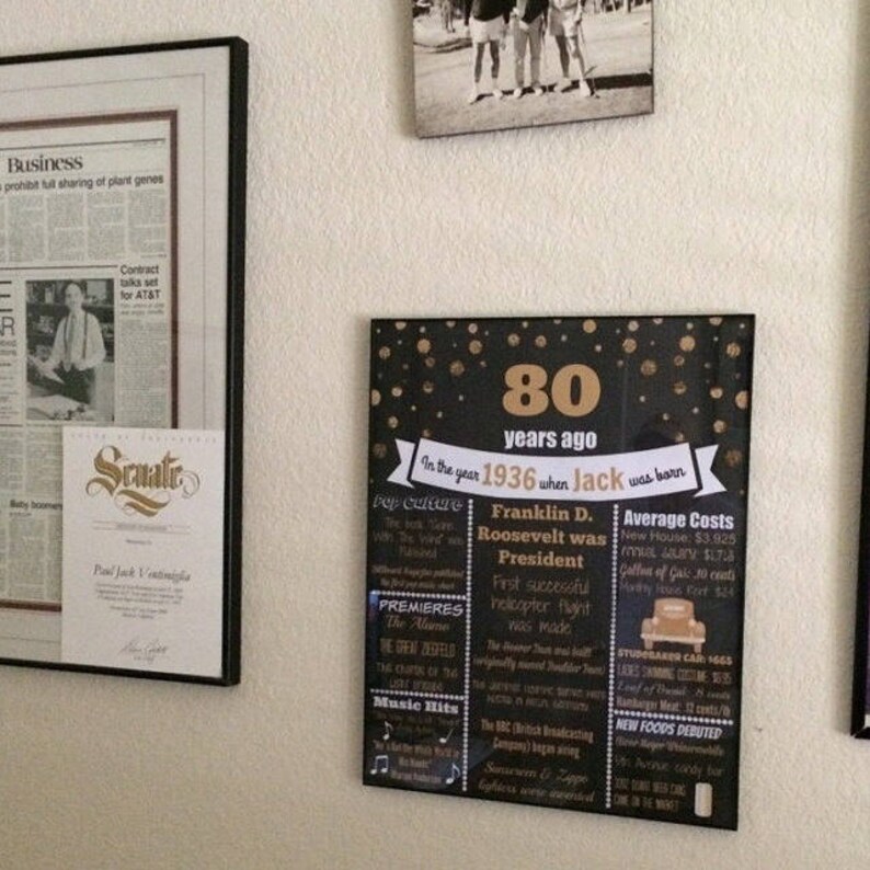 May include: A black and gold framed sign commemorating the year 1936, with the text "80 years ago when Jack was born." The sign includes information about pop culture, the president, and average costs.