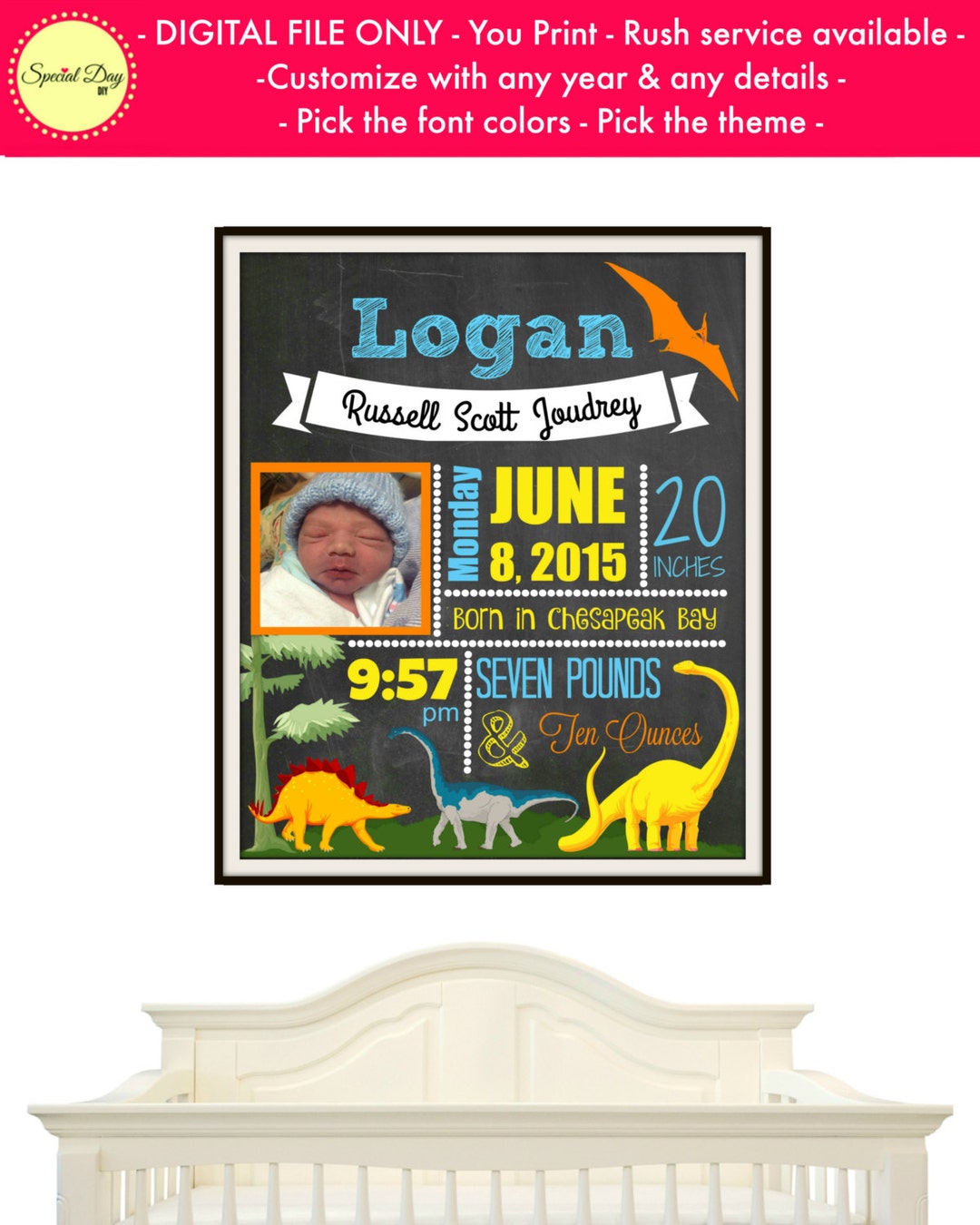 Birth Announcement Printable Newborn Sign Dinosaur Nursery - Etsy