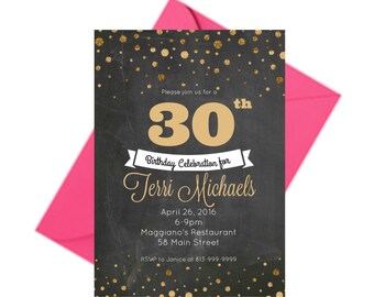 30th Birthday Invite, Personalized 30th Birthday Invitations, Black and Gold Invitations, Thirty Birthday, Chalkboard Invitation, PRINTABLE