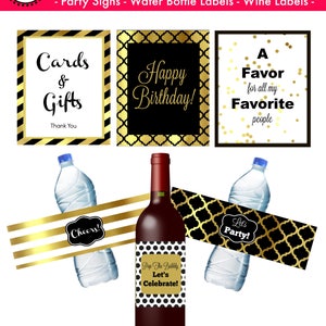 Black and Gold Party Package, PRINTABLE Water Labels, Black and Gold Water Bottle Labels, Gold Party Decor, Black and Gold Birthday Decor