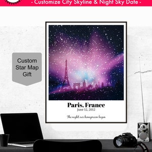 Arte de la pared de París, mapa estelar personalizado, arte de la pared del horizonte de París, impresión personalizada de París, mapa del cielo nocturno de París, regalo de constelación personalizado de carta estelar