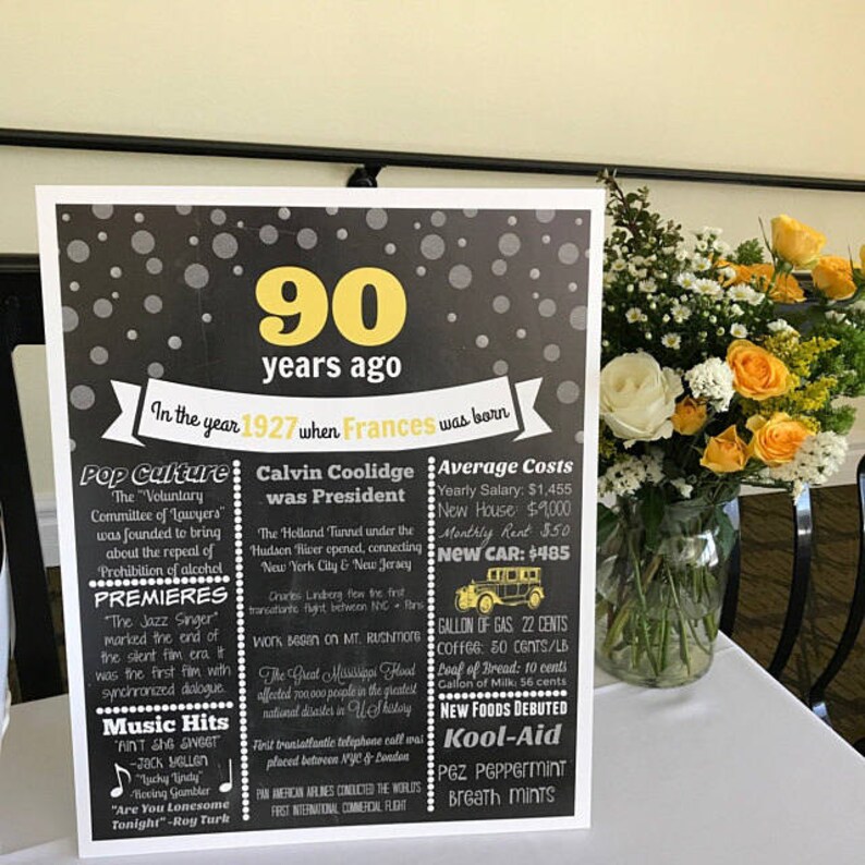 May include: A black and white framed sign with the text "90 years ago" and historical facts from 1927, including pop culture, Calvin Coolidge as president, and average costs. A bouquet of yellow and white flowers sits to the right.