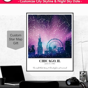 Arte de pared del horizonte de Chicago, mapa estelar personalizado, impresión de Chicago, mapa de constelaciones, cielo nocturno personalizado de carta estelar, impresión de arte de Chicago, arte moderno de la pared