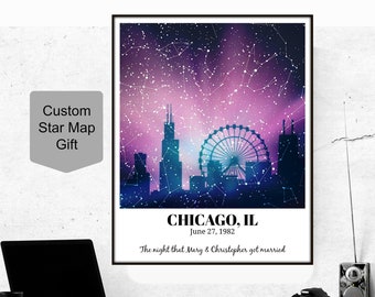 Chicago Skyline Wall Art, Custom Star Map, Chicago Print, Constellation Map, Star Chart Custom Night Sky, Chicago Art Print, Modern Wall Art