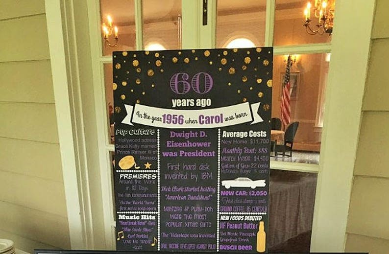 May include: A black chalkboard sign with gold polka dots and purple text celebrating a 60th birthday. The sign includes the year 1956, the name Carol, and details about pop culture, politics, and average costs from that year.