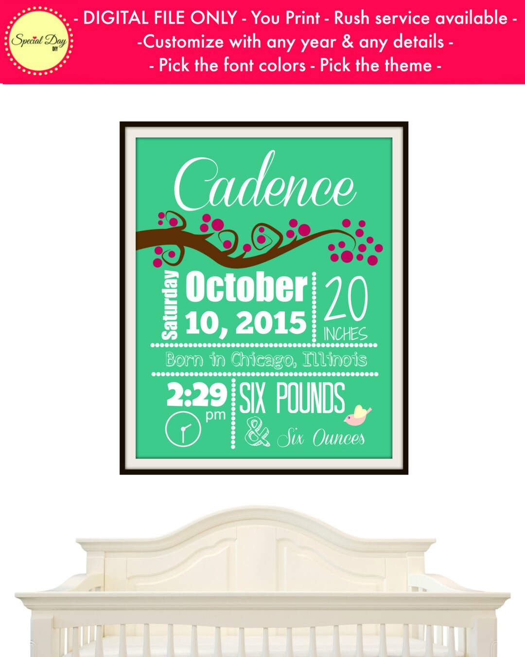 Baby Stats, Custom Baby Sign, Tree Nursery, Baby Name Wall Art, Baby ...