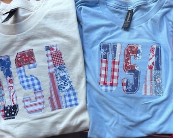 Americana USA Patchwork Applique Embroidered T-Shirt Medium Unisex
