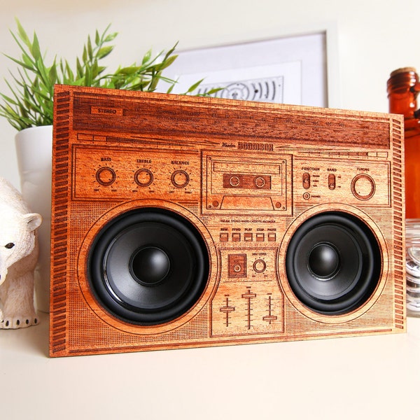 The Original Wooden Boombox - Custom Handmade Bluetooth Laser Engraved Mahogany Speakers Amplifier Audio Gadget Artists Illustration Detail