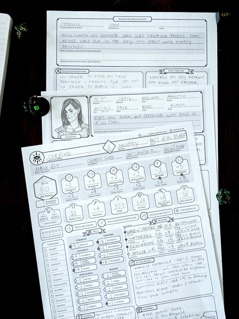 warlock custom character sheet dnd 5e printable and etsy