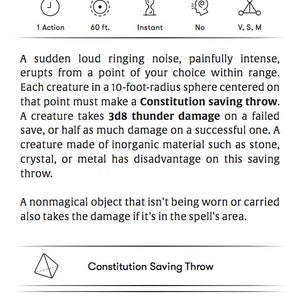 May include: A black and white illustration of a spell called "Shatter" from the Dungeons and Dragons tabletop role-playing game. The spell is a 2nd level evocation spell that can be cast by a warlock. The spell description is included in the image.