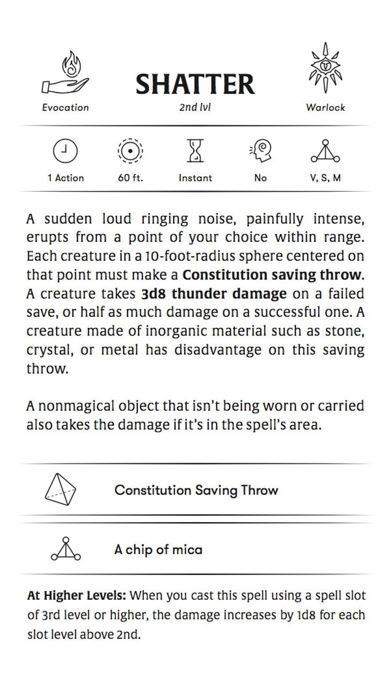 May include: A black and white illustration of a spell called "Shatter" from the Dungeons and Dragons tabletop role-playing game. The spell is a 2nd level evocation spell that can be cast by a warlock. The spell description is included in the image.