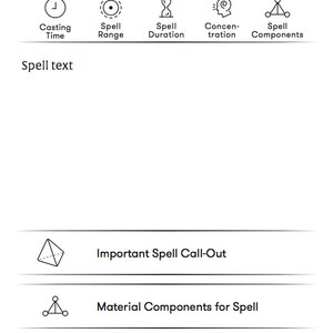 May include: A black and white illustration of a spell card template. The card includes sections for spell level, class, casting time, spell range, spell duration, concentration, spell components, spell text, important spell call-out, material components for spell, and ritual spell. The card also includes a section for at higher levels, which describes how the spell changes as the player of this class levels up, or if the spell is cast in a higher spell slot.