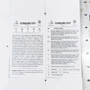 May include: A black and white image of a Dungeons and Dragons spell card for the spell "Conjure Fey". The card lists the spell's level, casting time, range, components, duration, and description. The card also lists a table of creatures that can be summoned by the spell, with their challenge ratings.