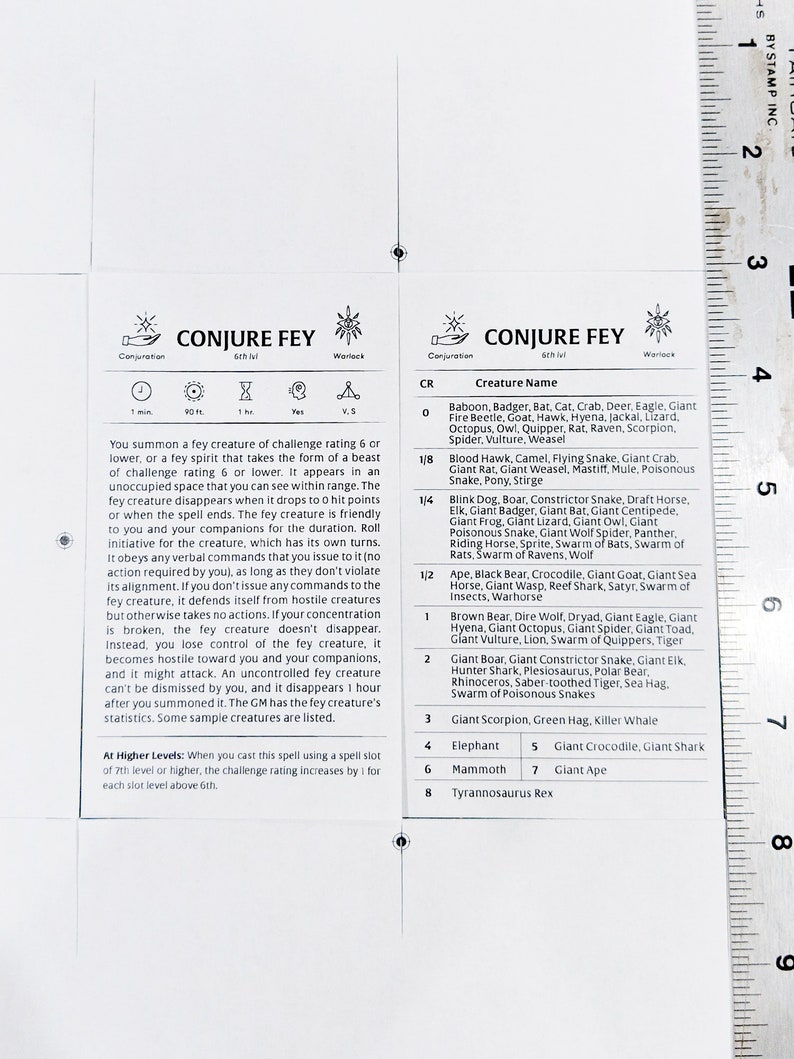 May include: A black and white image of a Dungeons and Dragons spell card for the spell "Conjure Fey". The card lists the spell's level, casting time, range, components, duration, and description. The card also lists a table of creatures that can be summoned by the spell, with their challenge ratings.