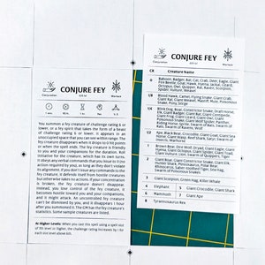 May include: A green and white table with a printed chart listing various creatures and their challenge ratings. The chart is titled "Conjure Fey" and includes a description of the spell and its effects.