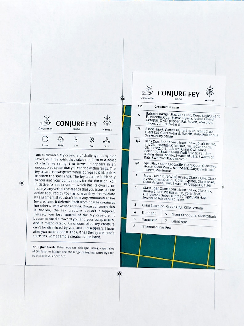 May include: A green and white table with a printed chart listing various creatures and their challenge ratings. The chart is titled "Conjure Fey" and includes a description of the spell and its effects.