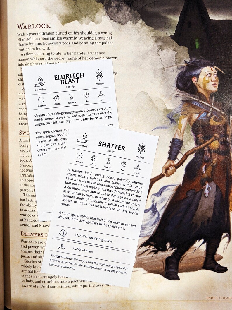 May include: A book page with a detailed illustration of a female elf with a pseudodragon on her shoulder. The page features text about the Warlock class in Dungeons and Dragons, including the spells Eldritch Blast and Shatter.