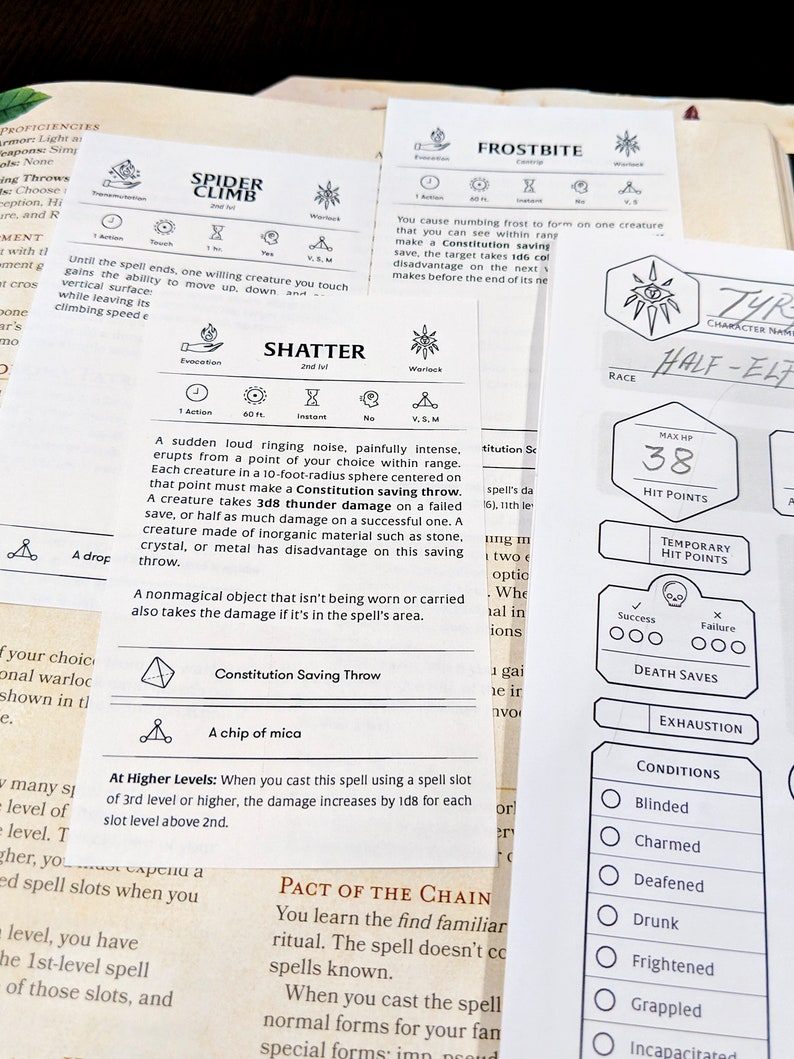 May include: A close-up of a Dungeons and Dragons character sheet with a half-elf character named Tyr. The sheet includes information about the character's race, hit points, temporary hit points, death saves, exhaustion, and conditions. The character sheet is printed on white paper with black text.