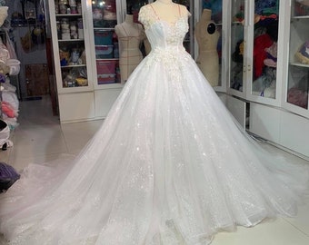 Luxury WEdding Dress - Glitter Wedding DRess - White Glitter WEdding - Wedding DRess