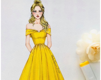 May include: A hand-drawn illustration of a woman wearing a yellow off-the-shoulder dress with a bow at the waist. She is wearing yellow heels with bows. The illustration is on a white background.
