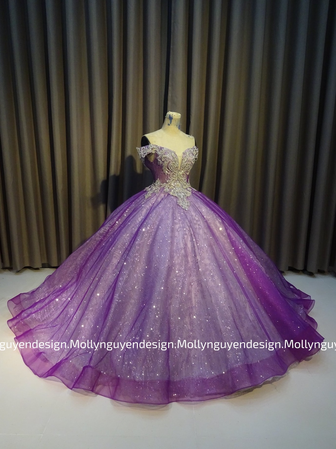 Sparkly Purple Gown, Purple Wedding Gown, Modern Evening Wear, Lace