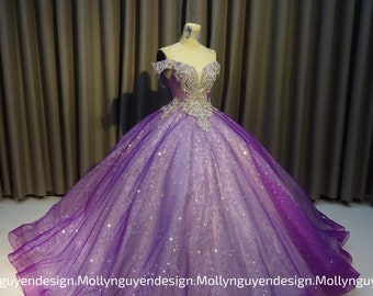 Sparkly Purple  Gown, Purple Wedding Gown, Modern Evening Wear, lace Ballgown, Custom Made