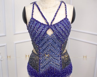 Traje de cuerpo completo de medianoche, traje azul oscuro hecho a mano con abalorios para atuendos de épocas de espectáculos - Disfraz de cosplay