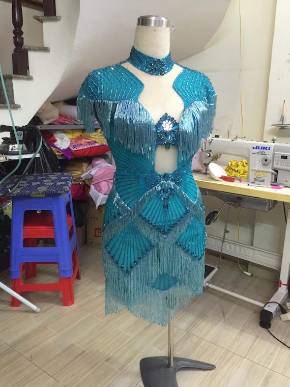 blue dress with tassels