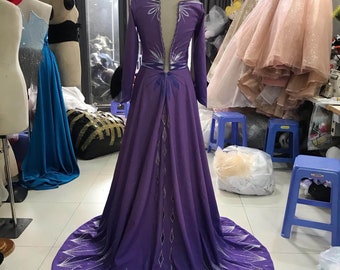 strapless open back dress Berylove Women Purple Maxi Dress Appliques A Line V Neck Spaghetti Straps Pleated Long Wedding Party Guest Dress, Purple / M main image 1