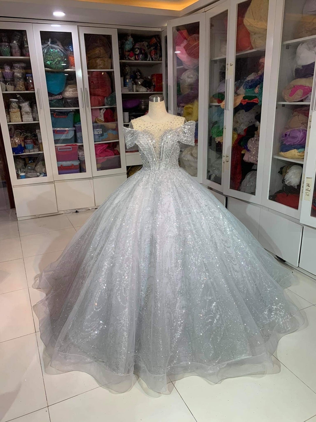 Buy Off Shoulder Dress Silver Glitter Dress Silver Sparkly Dress Prom  Ballgown Prom Dress Beautiful Silver Dress Online in India 