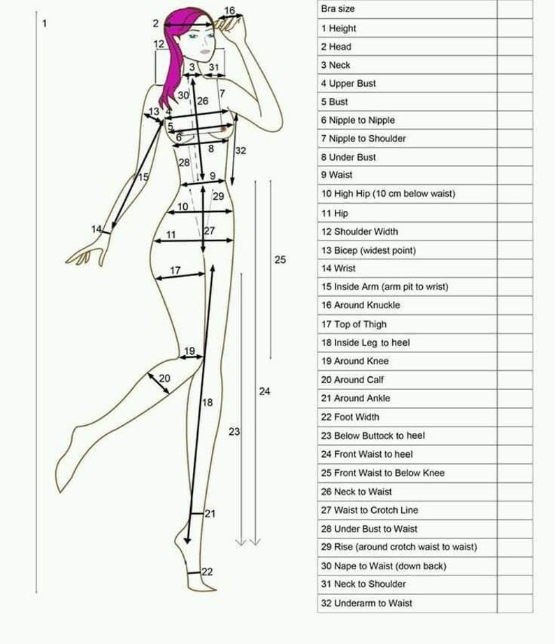 May include: A line drawing of a female figure with numbered lines indicating different body measurements for clothing sizing. The measurements include bust, waist, hip, shoulder width, and leg length.